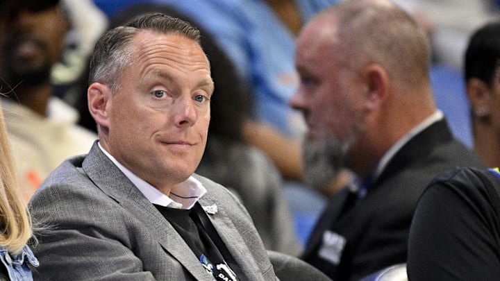 Sep 11, 2025; Arlington, Texas, USA; Dallas Wings majority owner Bill Cameron looks on during the second half against the Phoenix Mercury at College Park Center. Mandatory Credit: Jerome Miron-Imagn Images Sep 11, 2025; Arlington, Texas, USA; Dallas Wings majority owner Bill Cameron looks on during the second half against the Phoenix Mercury at College Park Center. Mandatory Credit: Jerome Miron-Imagn Images