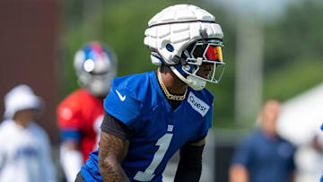 New York Giants wide receiver Malik Nabers (1) and New York Giants running back Tyrone Tracy Jr. (29) get ready for a play during day one of the New York Giants training camp at Quest Diagnostics Giants Training Center in East Rutherford on Wednesday, July 23, 2025.