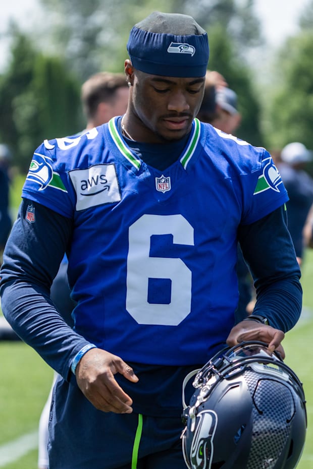 Seattle Seahawks quarterback Jalen Milroe is pictured during mini-camp at Virginia Mason Athletic Cente