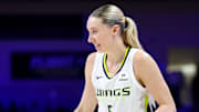 Jun 17, 2025; Arlington, Texas, USA;  Dallas Wings guard Paige Bueckers (5) reacts during the second half against the Golden State Valkyries at College Park Center. Mandatory Credit: Kevin Jairaj-Imagn Images