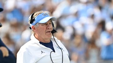 Sep 13, 2025; Chapel Hill, North Carolina, USA; North Carolina Tar Heels head coach Bill Belichick on the sidelines in the second quarter at Kenan Stadium. 