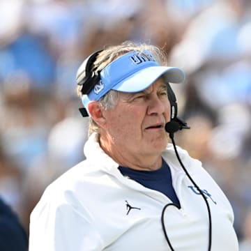 Sep 13, 2025; Chapel Hill, North Carolina, USA; North Carolina Tar Heels head coach Bill Belichick on the sidelines in the second quarter at Kenan Stadium. 