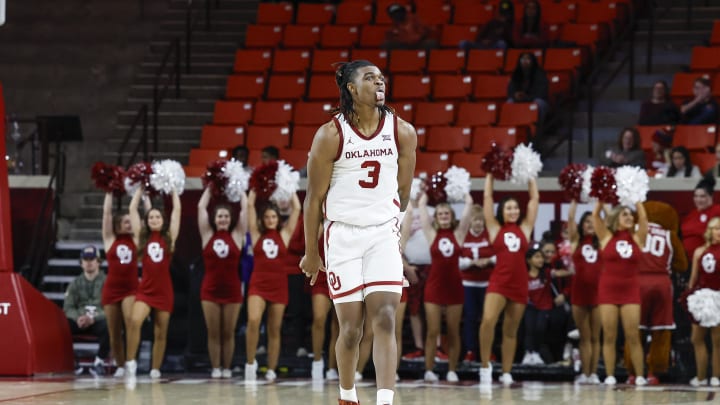 Dec 28, 2023; Norman, Oklahoma, USA; Oklahoma Sooners guard Otega Oweh (3) reacts after scoring against the Central Arkansas Bears during the second half at Lloyd Noble Center. Mandatory Credit: Alonzo Adams-USA TODAY Sports