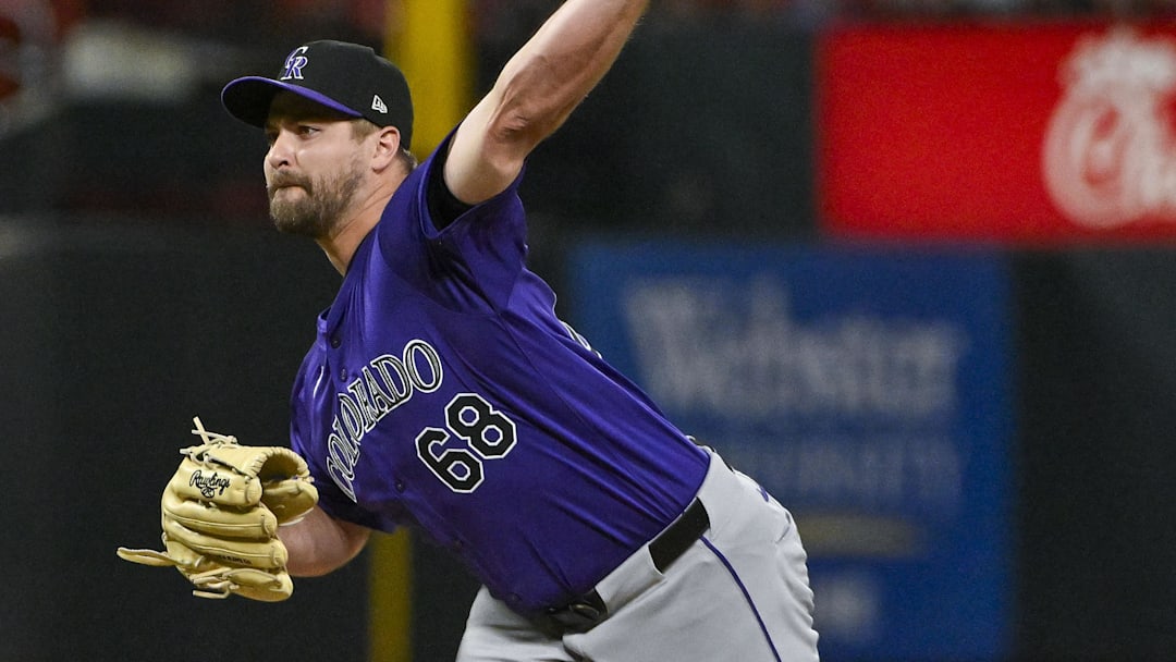 Jun 6, 2024; St. Louis, Missouri, USA;  Colorado Rockies relief pitcher Jalen Beeks (68) pitches against the St. Louis Cardinals during the eighth inning at Busch Stadium. Mandatory Credit: Jeff Curry-Imagn Images