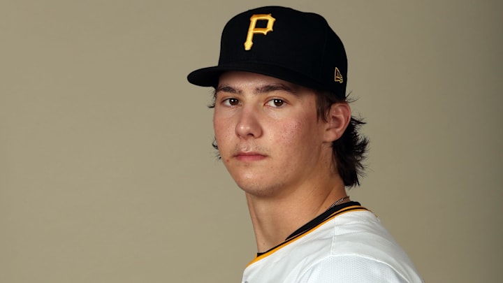 Pittsburgh Pirates pitcher Bubba Chandler (57) poses for a photo during photo day at Pirate City in 2024. Pittsburgh Pirates pitcher Bubba Chandler (57) poses for a photo during photo day at Pirate City in 2024.