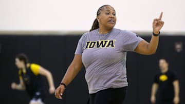 Iowa’s assistant coach Raina Harmon directs players during practice Thursday, July 11, 2024 at Carver-Hawkeye Arena in Iowa City, Iowa.