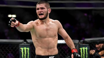 Oct 6, 2018; Las Vegas, NV, USA; Khabib Nurmagomedov (red gloves) reacts after his fight against Conor McGregor (blue gloves) during UFC 229 at T-Mobile Arena. Mandatory Credit: Stephen R. Sylvanie-USA TODAY Sports