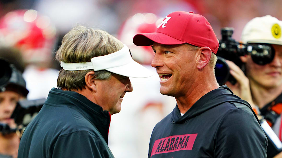 Sep 28, 2024; Tuscaloosa, Alabama, USA; Georgia Bulldogs head coach Kirby Smart and Alabama Crimson Tide head coach Kalen DeBoer greet each other before the game at Bryant-Denny Stadium. Mandatory Credit: John David Mercer-Imagn Images Sep 28, 2024; Tuscaloosa, Alabama, USA; Georgia Bulldogs head coach Kirby Smart and Alabama Crimson Tide head coach Kalen DeBoer greet each other before the game at Bryant-Denny Stadium. Mandatory Credit: John David Mercer-Imagn Images