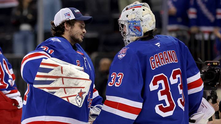 Mar 27, 2026; New York, New York, USA; New York Rangers goaltender Dylan Garand (33) is congratulated by goaltender Igor Shesterkin (31) after his first career NHL win against the Chicago Blackhawks at Madison Square Garden. Mar 27, 2026; New York, New York, USA; New York Rangers goaltender Dylan Garand (33) is congratulated by goaltender Igor Shesterkin (31) after his first career NHL win against the Chicago Blackhawks at Madison Square Garden.