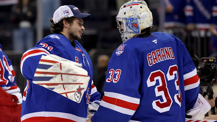 Mar 27, 2026; New York, New York, USA; New York Rangers goaltender Dylan Garand (33) is congratulated by goaltender Igor Shesterkin (31) after his first career NHL win against the Chicago Blackhawks at Madison Square Garden. Mandatory Credit: Brad Penner-Imagn Images