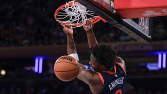 Apr 12, 2024; New York, New York, USA; New York Knicks forward OG Anunoby (8) dunks the ball during