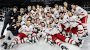 Miami celebrates with the Belpot Trophy after defeating No. 20 Union in the championship game of the 2025 Friendship Four in Ireland. 