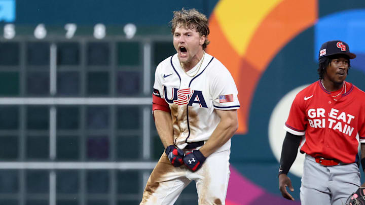 Mar 7, 2026; Houston, TX, United States; United States shortstop Gunnar Henderson (11) celebrates after hitting a two-run double against Great Britain during the fifth inning at Daikin Park. Mandatory Credit: Troy Taormina-Imagn Images