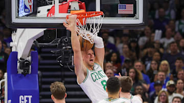 Porziņģis throws down a dunk during game three of the first round of the 2025 NBA Playoffs against the Orlando Magic