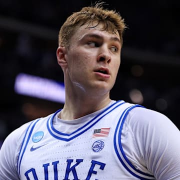 Mar 29, 2025; Newark, NJ, USA; Duke Blue Devils forward Cooper Flagg (2) celebrates after a basket during the first half against the Alabama Crimson Tide in the East Regional final of the 2025 NCAA tournament at Prudential Center. Mandatory Credit: Vincent Carchietta-Imagn Images