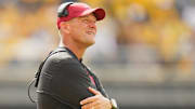 Oct 11, 2025; Columbia, Missouri, USA; Alabama Crimson Tide head coach Kalen Deboer reacts during the second half of the game against the Missouri Tigers at Faurot Field at Memorial Stadium. Mandatory Credit: Jay Biggerstaff-Imagn Images