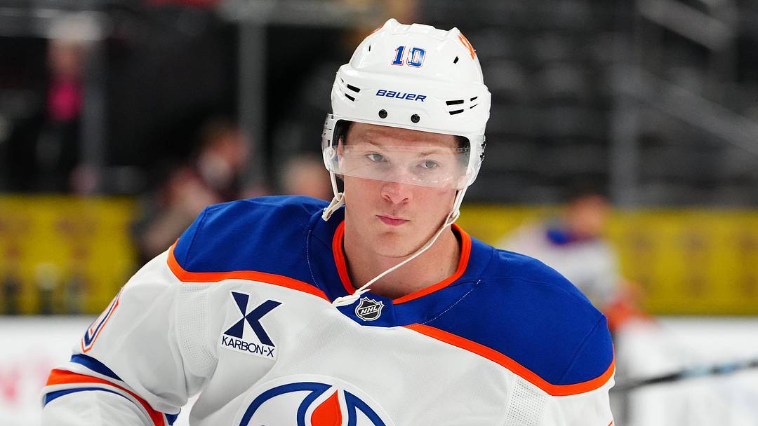 Mar 8, 2026; Las Vegas, Nevada, USA; Edmonton Oilers center Trent Frederic (10) warms up before a game against the Vegas Golden Knights at T-Mobile Arena. Mandatory Credit: Stephen R. Sylvanie-Imagn Images