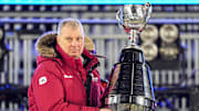 Dec 12, 2021; Hamilton, Ontario, CAN; Canadian Football League commissioner Randy Ambrosie goes to present the Grey Cup to the Winnipeg Blue Bombers after a win over the Hamilton Tiger-Cats in the 108th Grey Cup football game at Tim Hortons Field. Mandatory Credit: John E. Sokolowski-Imagn Images