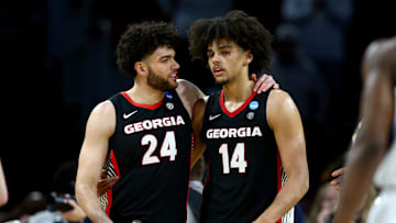 Mar 20, 2025; Wichita, KS, USA; Georgia Bulldogs forward Jaden Newell (24) and forward Asa Newell (14) in the second half of a first round men’s NCAA Tournament game against the Gonzaga Bulldogs at Intrust Bank Arena. Mandatory Credit: Nick Tre. Smith-Imagn Images