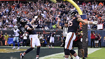 Sep 21, 2025; Chicago, Illinois, USA; Chicago Bears tight end Cole Kmet (85) reacts after a touchdown catch against the Dallas Cowboys during the first half at Soldier Field. Mandatory Credit: David Banks-Imagn Images