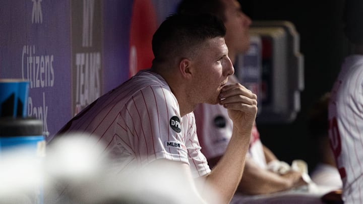 Jun 26, 2019; Philadelphia, PA, USA; Philadelphia Phillies starting pitcher Nick Pivetta (43) looks on from the dugout after being relieved during the sixth inning against the New York Mets at Citizens Bank Park. Mandatory Credit: Bill Streicher-Imagn Images