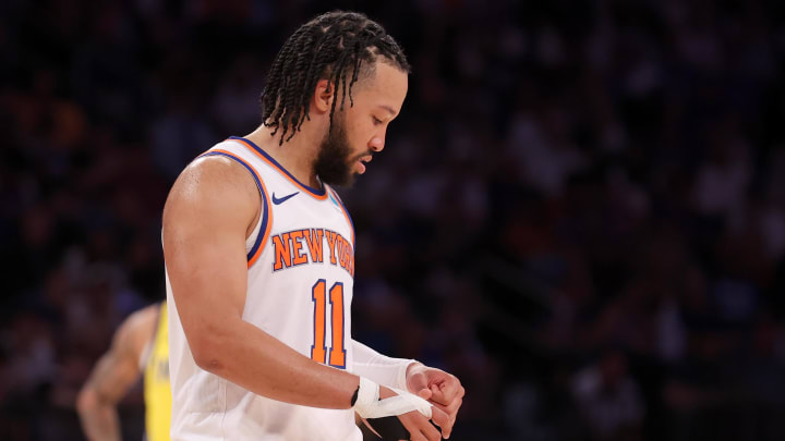 May 19, 2024; New York, New York, USA; New York Knicks guard Jalen Brunson (11) flexes his left hand during the third quarter of game seven of the second round of the 2024 NBA playoffs against the Indiana Pacers at Madison Square Garden. Mandatory Credit: Brad Penner-USA TODAY Sports