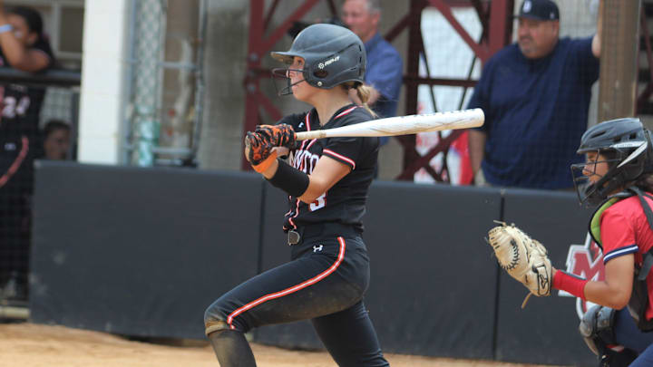 Taunton's Brooke Aldrich hits a single during the 2023 MIAA Division I Softball championship game against Central Catholic.