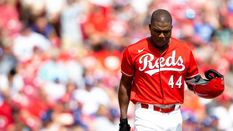 Cincinnati Reds left fielder Aristides Aquino (44) reacts to striking out on a pitch.