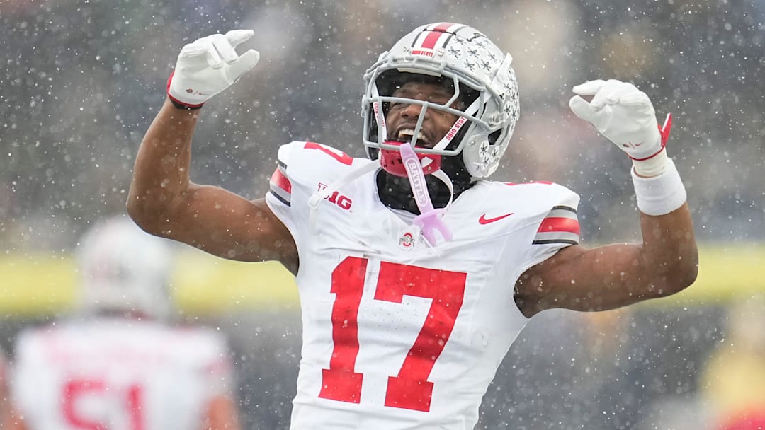 Ohio State wide receiver Carnell Tate celebrates against Michigan as the Buckeyes capped an undefeated season and snapped a four-game skid to their rivals.