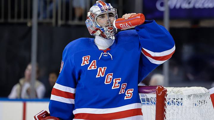 Sep 26, 2022; New York, New York, USA; New York Rangers goaltender Dylan Garand (98) drinks water during a game against the New York Islanders at Madison Square Garden. Mandatory Credit: Jessica Alcheh-USA TODAY Sports Sep 26, 2022; New York, New York, USA; New York Rangers goaltender Dylan Garand (98) drinks water during a game against the New York Islanders at Madison Square Garden. Mandatory Credit: Jessica Alcheh-USA TODAY Sports