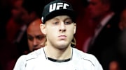 Dec 16, 2023; Las Vegas, Nevada, USA; Paddy Pimblett during UFC 296 at T-Mobile Arena. Mandatory Credit: Stephen R. Sylvanie-Imagn Images