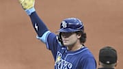 Aug 25, 2025; Cleveland, Ohio, USA; Tampa Bay Rays first baseman Bob Seymour (41) celebrates his RBI single in the fourth inning against the Cleveland Guardians at Progressive Field. Mandatory Credit: David Richard-Imagn Images
