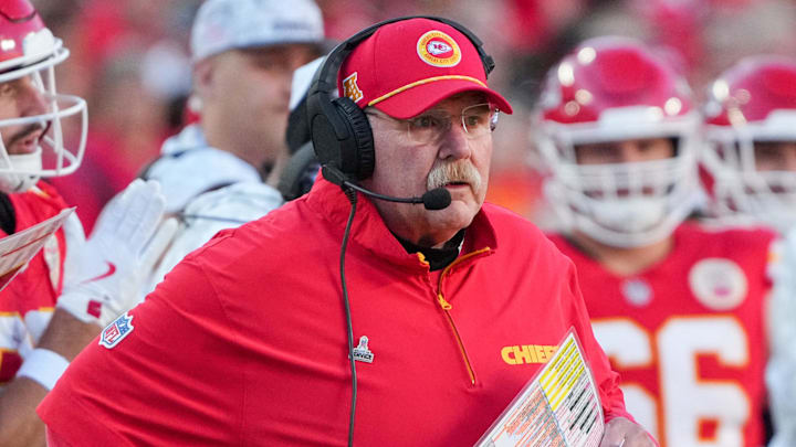 Nov 10, 2024; Kansas City, Missouri, USA; Kansas City Chiefs head coach Andy Reid watches play against the Denver Broncos during the second half at GEHA Field at Arrowhead Stadium. Mandatory Credit: Denny Medley-Imagn Images