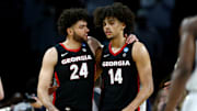 Mar 20, 2025; Wichita, KS, USA; Georgia Bulldogs forward Jaden Newell (24) and forward Asa Newell (14) in the second half of a first round men’s NCAA Tournament game against the Gonzaga Bulldogs at Intrust Bank Arena. Mandatory Credit: Nick Tre. Smith-Imagn Images