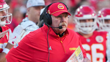 Nov 10, 2024; Kansas City, Missouri, USA; Kansas City Chiefs head coach Andy Reid watches play against the Denver Broncos during the second half at GEHA Field at Arrowhead Stadium. Mandatory Credit: Denny Medley-Imagn Images