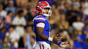 Nov 22, 2025; Gainesville, Florida, USA; Florida Gators quarterback DJ Lagway (2) gestures before the snap against the Tennessee Volunteers during the second half at Ben Hill Griffin Stadium. Mandatory Credit: Matt Pendleton-Imagn Images