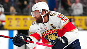 Jan 26, 2025; Las Vegas, Nevada, USA; Florida Panthers defenseman Aaron Ekblad (5) warms up before a game against the Vegas Golden Knights at T-Mobile Arena. Mandatory Credit: Stephen R. Sylvanie-Imagn Images