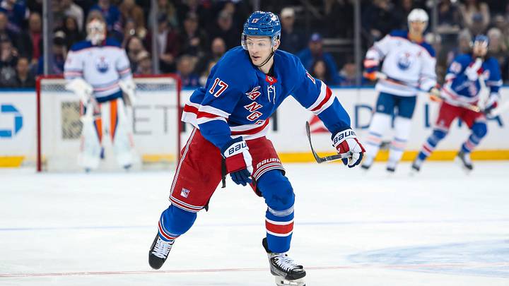 Mar 16, 2025; New York, New York, USA; New York Rangers defenseman Will Borgen (17) skates during the first period against the Edmonton Oilers at Madison Square Garden. Mandatory Credit: Danny Wild-Imagn Images Mar 16, 2025; New York, New York, USA; New York Rangers defenseman Will Borgen (17) skates during the first period against the Edmonton Oilers at Madison Square Garden. Mandatory Credit: Danny Wild-Imagn Images