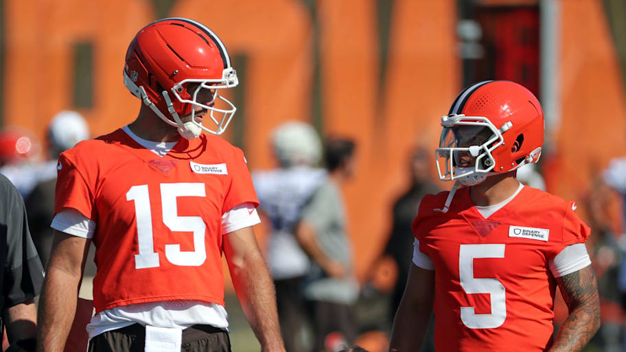 Joe Flacco and Dillon Gabriel are just two of four quarterbacks competing for the starting job in Browns camp. | Jeff Lange / USA TODAY NETWORK via Imagn Images