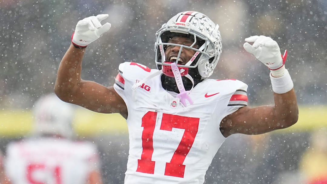 Ohio State Buckeyes wide receiver Carnell Tate (17) celebrates during the NCAA football game against the Michigan Wolverines at Michigan Stadium in Ann Arbor, Mich. on Nov. 29, 2025. Ohio State won 27-9.