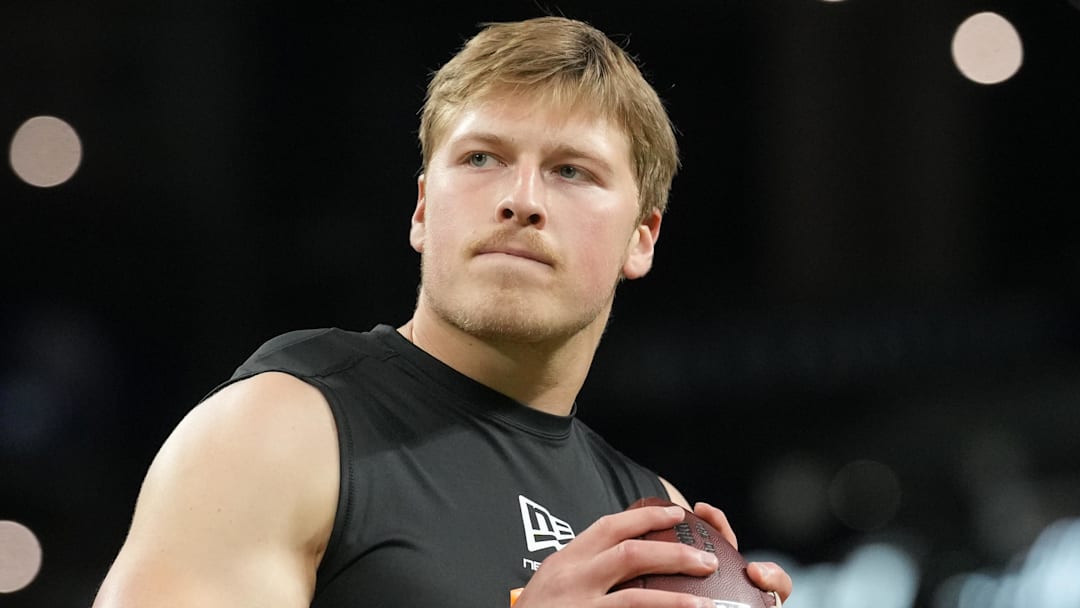 Feb 28, 2026; Indianapolis, IN, USA; North Dakota State quarterback Cole Payton (QB15) during the NFL Scouting Combine at Lucas Oil Stadium. Mandatory Credit: Kirby Lee-Imagn Images