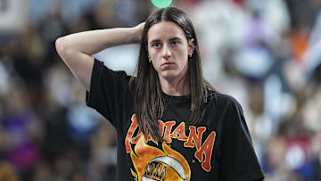 Sep 18, 2025; College Park, Georgia, USA; Indiana Fever guard Caitlin Clark (22) shown on the court against the Atlanta Dream during the first half during game three of round one for the 2025 WNBA Playoffs at Gateway Center Arena at College Park. Mandatory Credit: Dale Zanine-Imagn Images