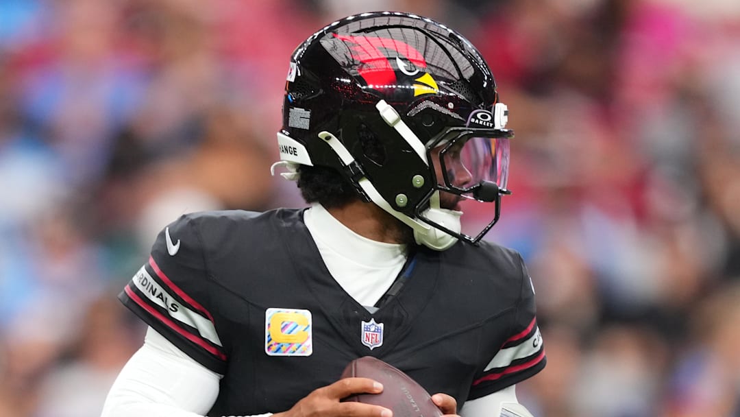 Oct 5, 2025; Glendale, Arizona, USA; Arizona Cardinals quarterback Kyler Murray (1) looks to throw against the Tennessee Titans during the second quarter at State Farm Stadium. Mandatory Credit: Joe Camporeale-Imagn Images