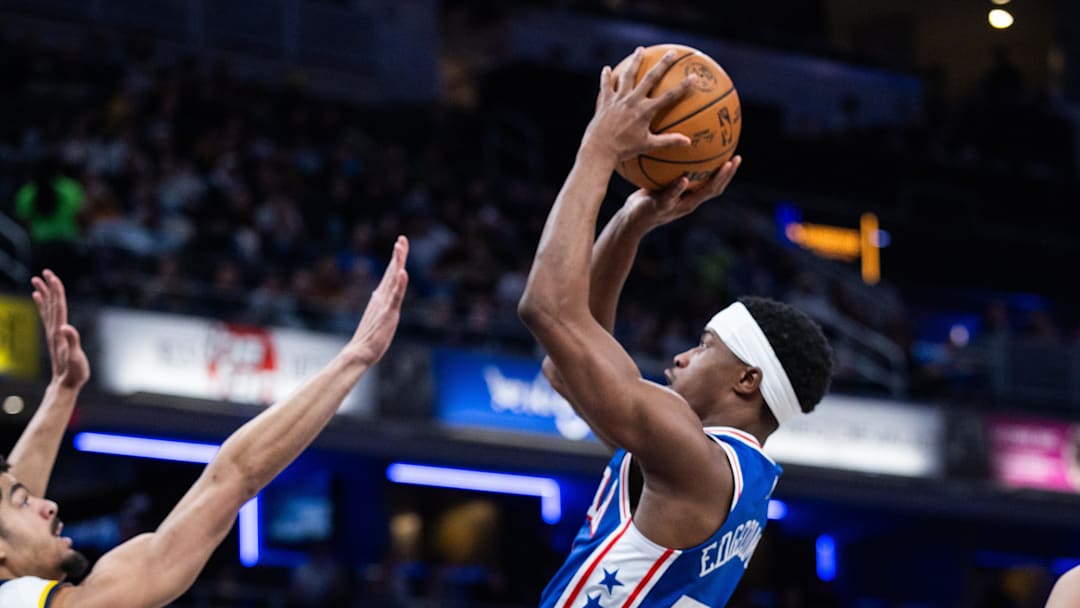 Feb 24, 2026; Indianapolis, Indiana, USA; Philadelphia 76ers guard Vj Edgecombe (77) shoots the ball while Indiana Pacers guard Ben Sheppard (26) defends in the second half at Gainbridge Fieldhouse. Mandatory Credit: Trevor Ruszkowski-Imagn Images Feb 24, 2026; Indianapolis, Indiana, USA; Philadelphia 76ers guard Vj Edgecombe (77) shoots the ball while Indiana Pacers guard Ben Sheppard (26) defends in the second half at Gainbridge Fieldhouse. Mandatory Credit: Trevor Ruszkowski-Imagn Images