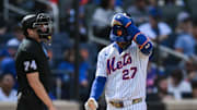 Sep 21, 2025; New York City, New York, USA; New York Mets third baseman Mark Vientos (27) reacts after striking out against the Washington Nationals during the fourth inning at Citi Field. Mandatory Credit: John Jones-Imagn Images