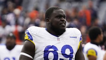 Sep 29, 2024; Chicago, Illinois, USA; Los Angeles Rams guard Kevin Dotson (69) in a game against the Chicago Bears at Soldier Field. Mandatory Credit: David Banks-Imagn Images