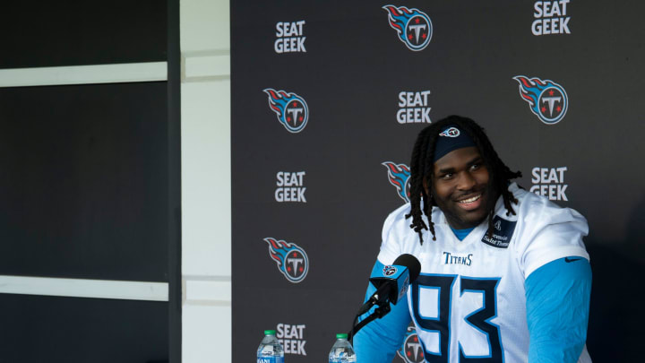 The Tennessee Titans second-round draft pick T'Vondre Sweat fields questions after workouts during