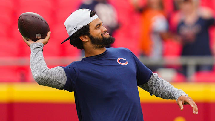 Aug 22, 2024; Kansas City, Missouri, USA; Chicago Bears quarterback Caleb Williams (18) warms up prior to a game against the Kansas City Chiefs