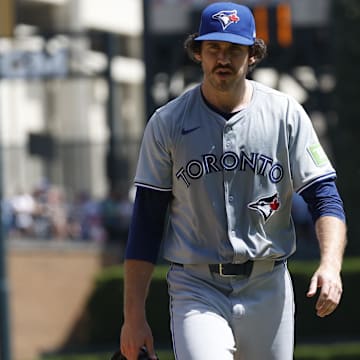May 25, 2024; Detroit, Michigan, USA; Toronto Blue Jays pitcher Jordan Romano (68) looks on during the eighth inning of the game against the Detroit Tigers at Comerica Park. 