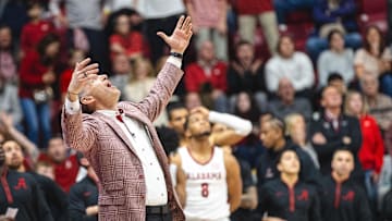 Mar 5, 2025; Tuscaloosa, Alabama, USA; Alabama Crimson Tide head coach Nate Oats reacts to a foul being called on Alabama Crimson Tide guard Mark Sears (1) during the second half against the Florida Gators at Coleman Coliseum. Mandatory Credit: Will McLelland-Imagn Images